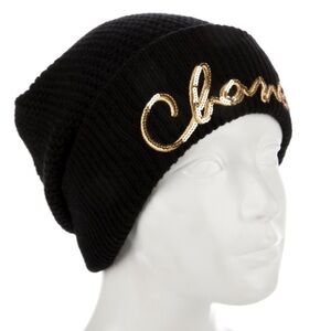 Black & gold sequin Chanel cashmere beanie hat AUTHENTIC